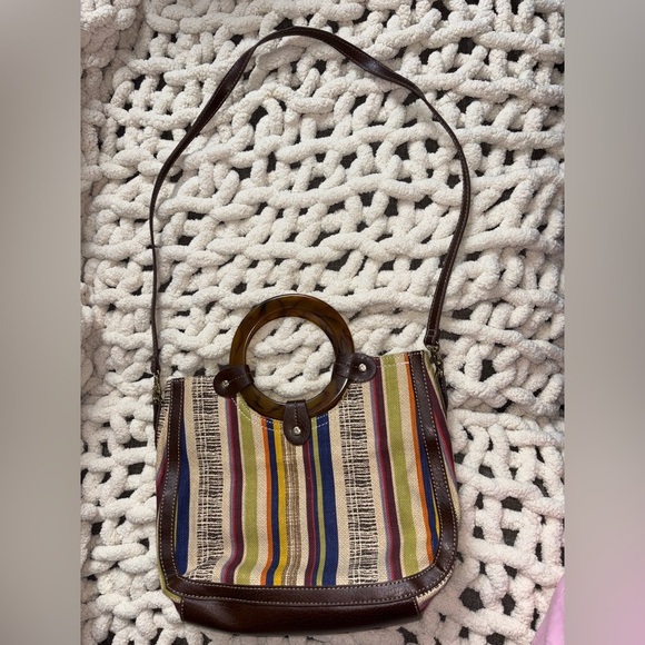 Relic by Fossil Multicolor Stripe Canvas Shoulder Bag Faux Leather Handles Boho - Picture 7 of 7